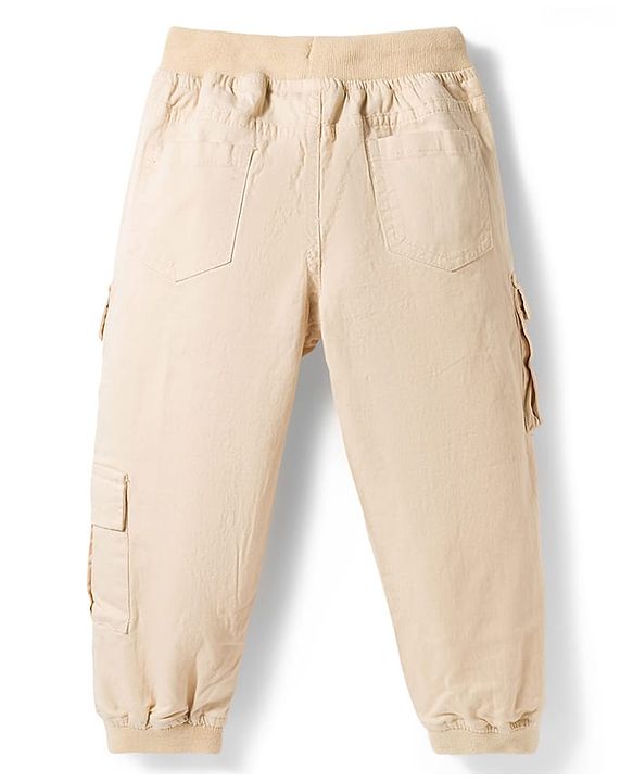 Babyhug Twill Woven Full Length Trousers with Text Patch & Cargo Pockets - Beige