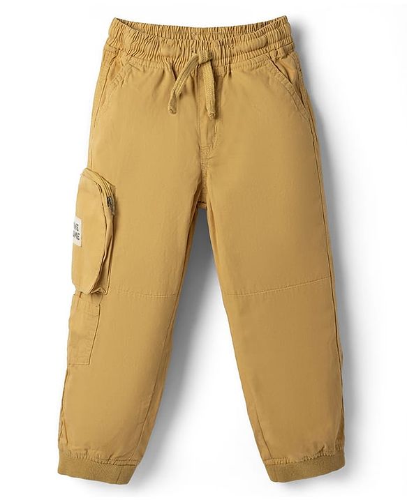 Babyhug Tussor 100% Cotton Woven Full Length Trousers with Patch & Pocket - Khaki