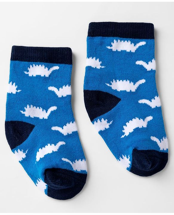 Cute walk by Babyhug Knit Anti-Bacterial Ankle Length Striped Socks with Dinosaur Design Pack of 3 - Blue & Black