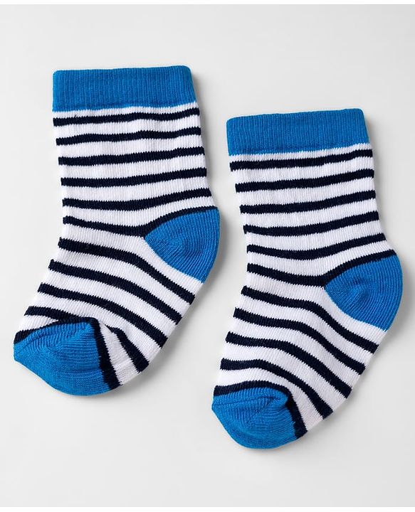 Cute walk by Babyhug Knit Anti-Bacterial Ankle Length Striped Socks with Dinosaur Design Pack of 3 - Blue & Black