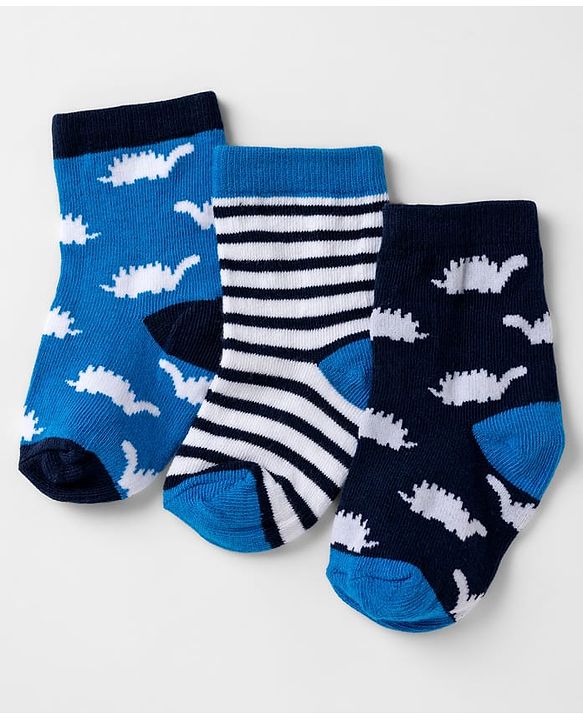 Cute walk by Babyhug Knit Anti-Bacterial Ankle Length Striped Socks with Dinosaur Design Pack of 3 - Blue & Black