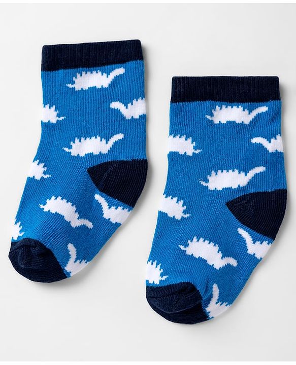 Cute walk by Babyhug Knit Anti-Bacterial Ankle Length Striped Socks with Dinosaur Design Pack of 3 - Blue & Black