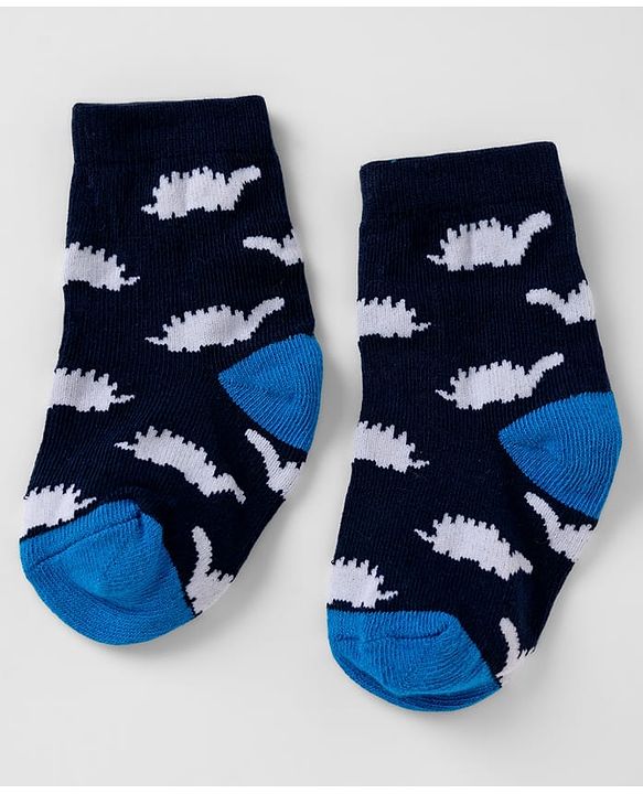 Cute walk by Babyhug Knit Anti-Bacterial Ankle Length Striped Socks with Dinosaur Design Pack of 3 - Blue & Black