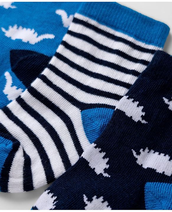 Cute walk by Babyhug Knit Anti-Bacterial Ankle Length Striped Socks with Dinosaur Design Pack of 3 - Blue & Black