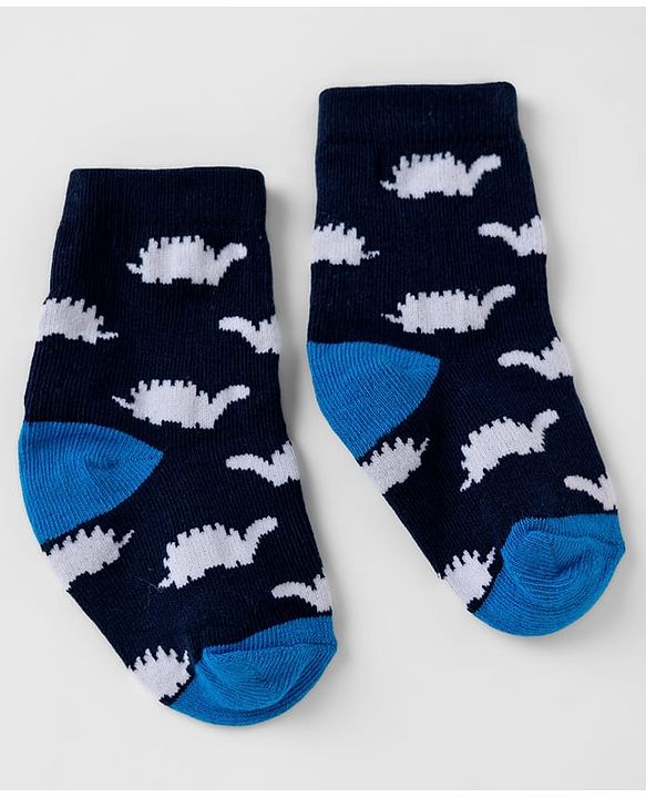 Cute walk by Babyhug Knit Anti-Bacterial Ankle Length Striped Socks with Dinosaur Design Pack of 3 - Blue & Black