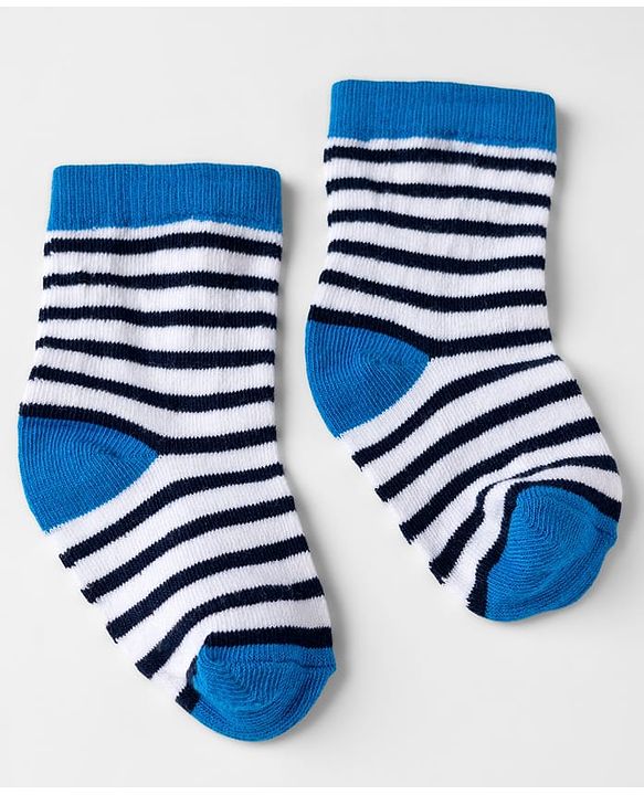Cute walk by Babyhug Knit Anti-Bacterial Ankle Length Striped Socks with Dinosaur Design Pack of 3 - Blue & Black
