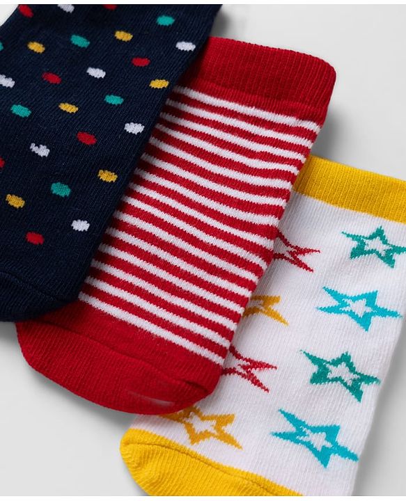 Cute Walk By Babyhug Non Terry Knit Anti Bacterial Ankle Length Striped Socks With Star & Polka Dot Design Pack of 3 - Red, Black & Yellow