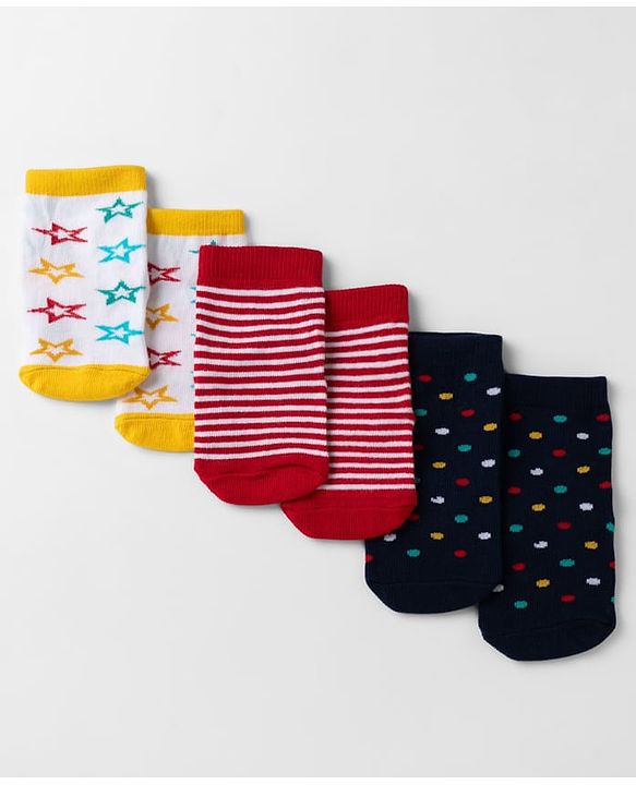 Cute Walk By Babyhug Non Terry Knit Anti Bacterial Ankle Length Striped Socks With Star & Polka Dot Design Pack of 3 - Red, Black & Yellow
