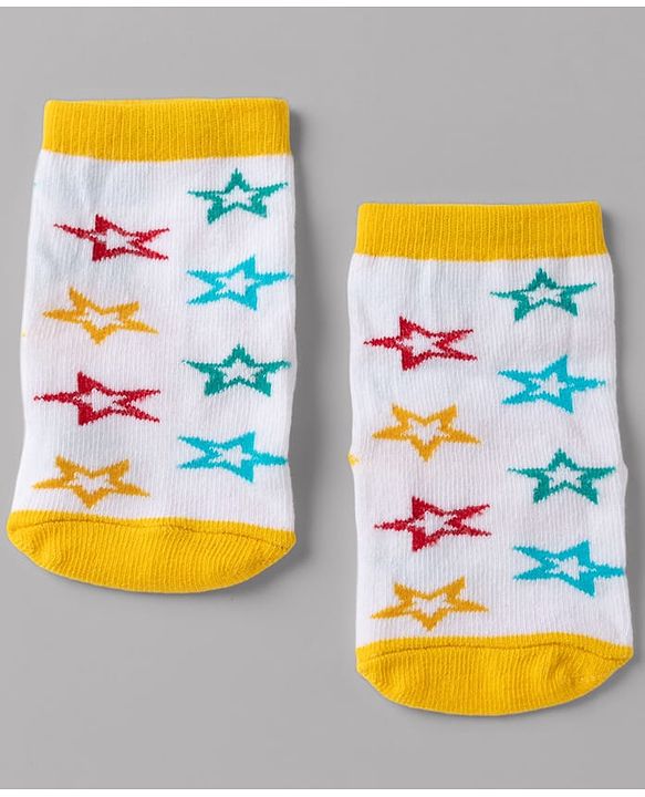 Cute Walk By Babyhug Non Terry Knit Anti Bacterial Ankle Length Striped Socks With Star & Polka Dot Design Pack of 3 - Red, Black & Yellow
