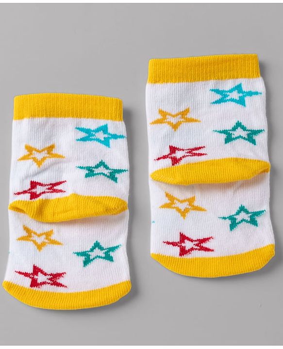 Cute Walk By Babyhug Non Terry Knit Anti Bacterial Ankle Length Striped Socks With Star & Polka Dot Design Pack of 3 - Red, Black & Yellow