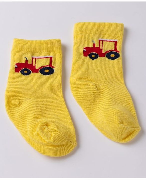 Cute Walk By Babyhug Non Terry Knit Anti Bacterial Ankle Length Striped Socks With Vehicle & Rainbow Design Pack of 3 - Yellow, White & Black