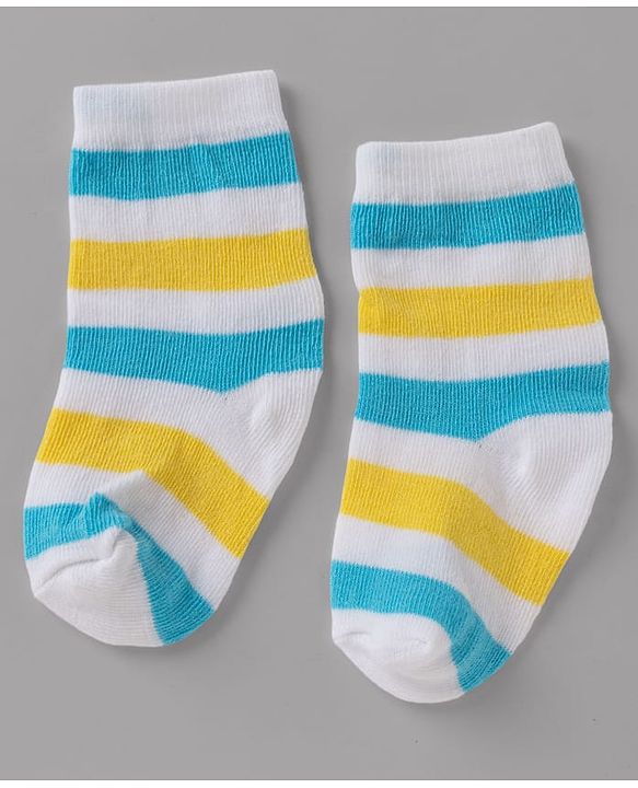 Cute Walk By Babyhug Non Terry Knit Anti Bacterial Ankle Length Striped Socks With Vehicle & Rainbow Design Pack of 3 - Yellow, White & Black