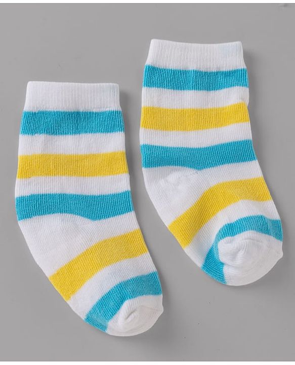 Cute Walk By Babyhug Non Terry Knit Anti Bacterial Ankle Length Striped Socks With Vehicle & Rainbow Design Pack of 3 - Yellow, White & Black