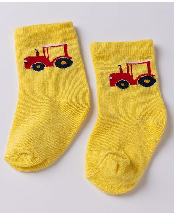 Cute Walk By Babyhug Non Terry Knit Anti Bacterial Ankle Length Striped Socks With Vehicle & Rainbow Design Pack of 3 - Yellow, White & Black