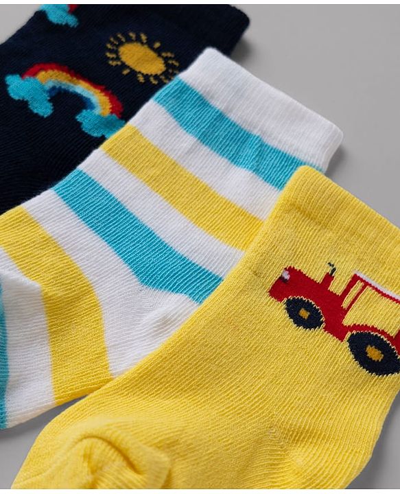 Cute Walk By Babyhug Non Terry Knit Anti Bacterial Ankle Length Striped Socks With Vehicle & Rainbow Design Pack of 3 - Yellow, White & Black