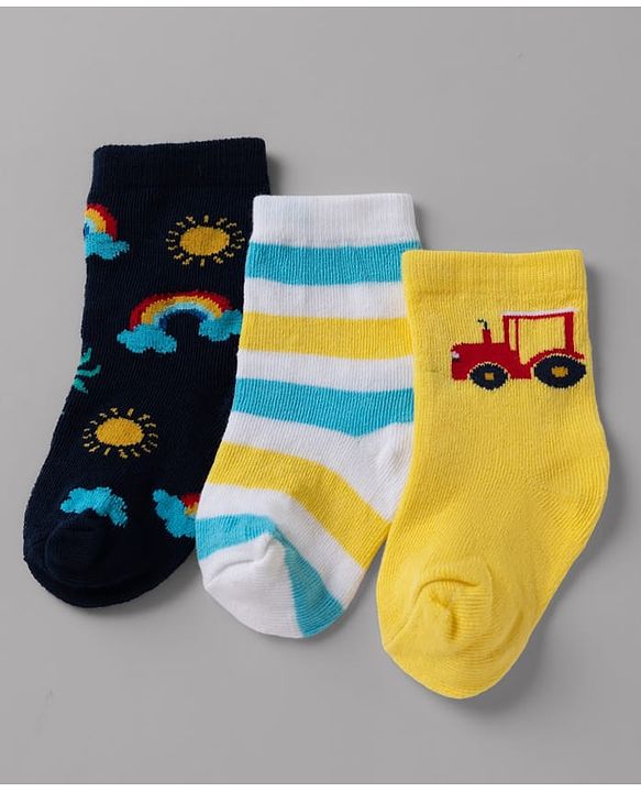 Cute Walk By Babyhug Non Terry Knit Anti Bacterial Ankle Length Striped Socks With Vehicle & Rainbow Design Pack of 3 - Yellow, White & Black