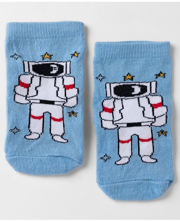 Cute Walk By Babyhug Non Terry Knit Anti Bacterial Ankle Length Striped Socks With Star & Astronaut Design Pack of 3 - Black, Sky Blue & Red