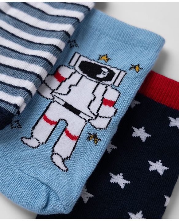 Cute Walk By Babyhug Non Terry Knit Anti Bacterial Ankle Length Striped Socks With Star & Astronaut Design Pack of 3 - Black, Sky Blue & Red
