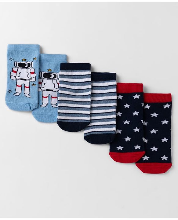 Cute Walk By Babyhug Non Terry Knit Anti Bacterial Ankle Length Striped Socks With Star & Astronaut Design Pack of 3 - Black, Sky Blue & Red