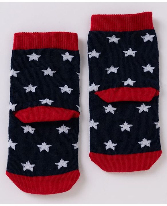 Cute Walk By Babyhug Non Terry Knit Anti Bacterial Ankle Length Striped Socks With Star & Astronaut Design Pack of 3 - Black, Sky Blue & Red