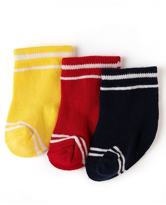 Cute Walk by Babyhug Non Terry Knit Anti-bacterial Ankle Length Striped Socks Pack of 3 - Yellow, Black & Red