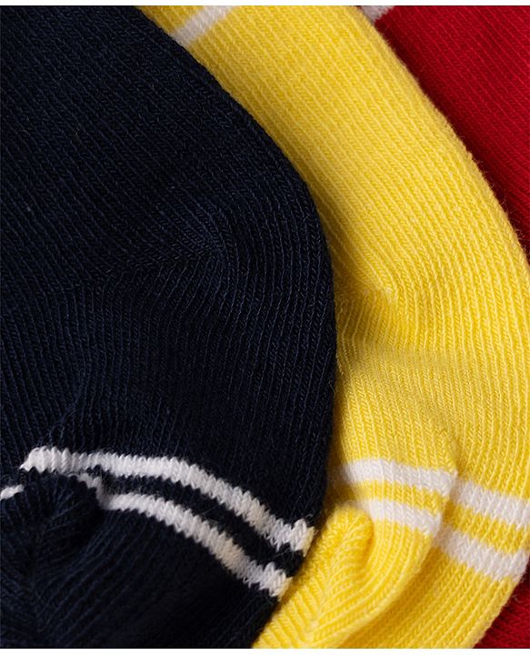 Cute Walk by Babyhug Non Terry Knit Anti-bacterial Ankle Length Striped Socks Pack of 3 - Yellow, Black & Red