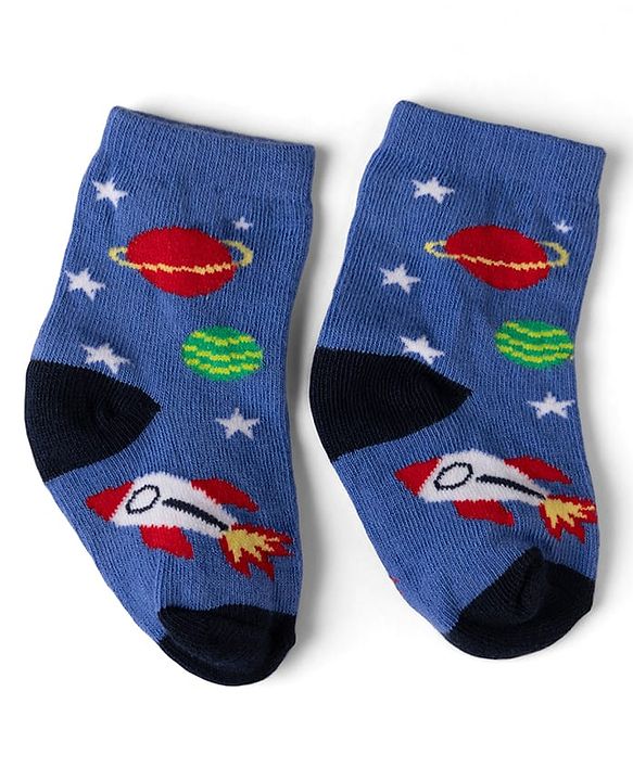 Cute Walk by Babyhug Non Terry Knit Anti-bacterial Ankle Length Striped Socks With Space Design Pack of 3 - Grey, Blue & Red
