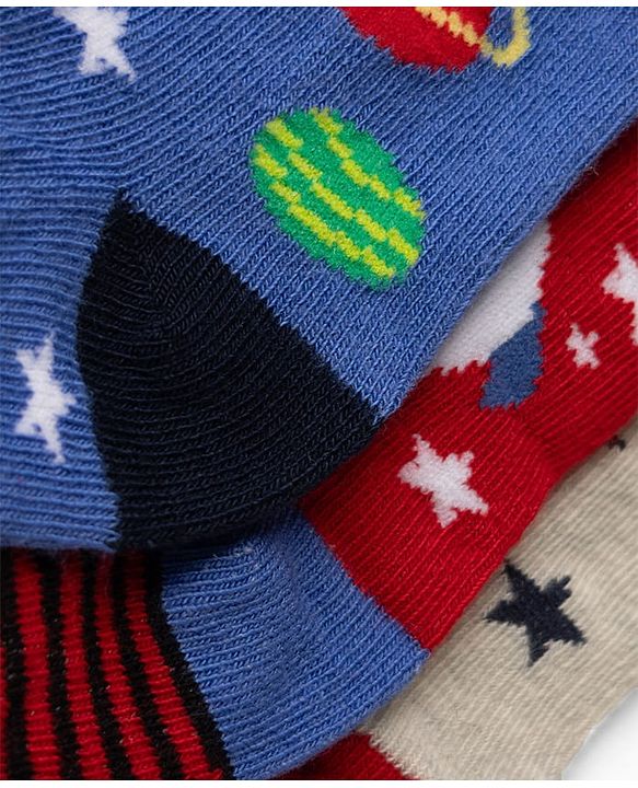 Cute Walk by Babyhug Non Terry Knit Anti-bacterial Ankle Length Striped Socks With Space Design Pack of 3 - Grey, Blue & Red