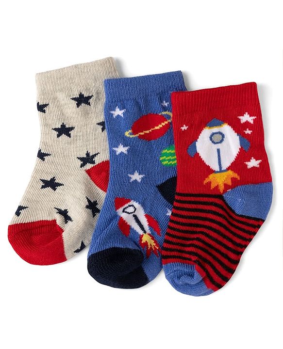 Cute Walk by Babyhug Non Terry Knit Anti-bacterial Ankle Length Striped Socks With Space Design Pack of 3 - Grey, Blue & Red