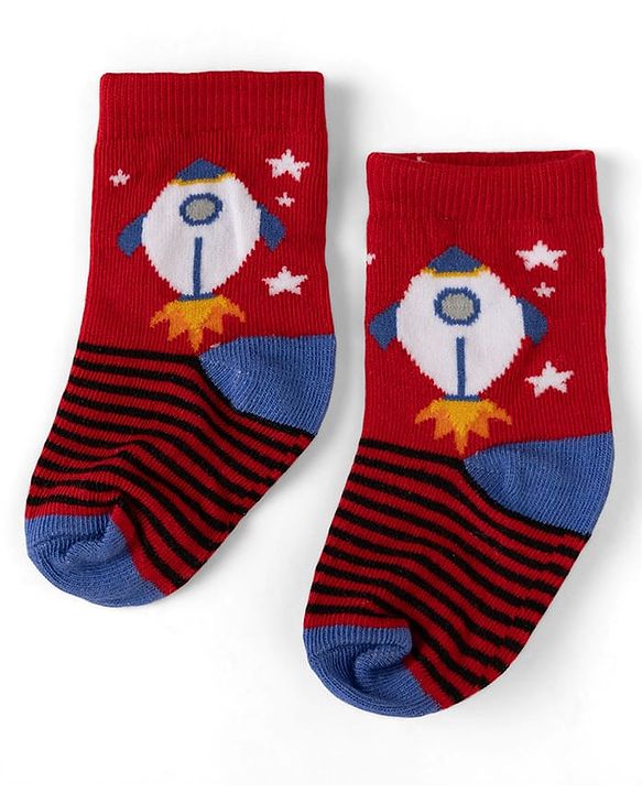 Cute Walk by Babyhug Non Terry Knit Anti-bacterial Ankle Length Striped Socks With Space Design Pack of 3 - Grey, Blue & Red