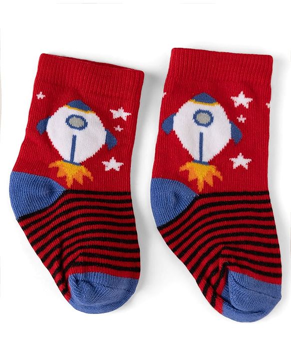 Cute Walk by Babyhug Non Terry Knit Anti-bacterial Ankle Length Striped Socks With Space Design Pack of 3 - Grey, Blue & Red