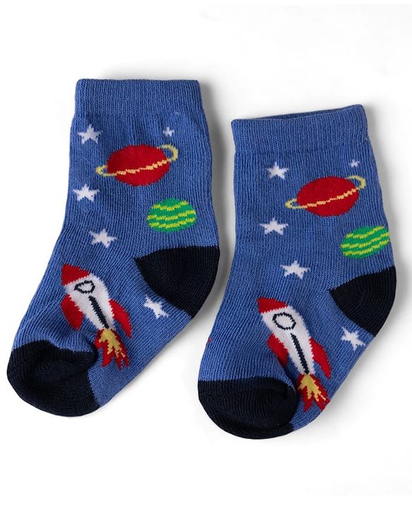Cute Walk by Babyhug Non Terry Knit Anti-bacterial Ankle Length Striped Socks With Space Design Pack of 3 - Grey, Blue & Red