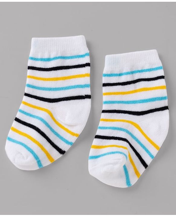 Cute Walk By Babyhug Non Terry Knit Anti Bacterial Ankle Length Striped Socks With Football & Star Design Pack of 3 - Yellow, White & Sky Blue