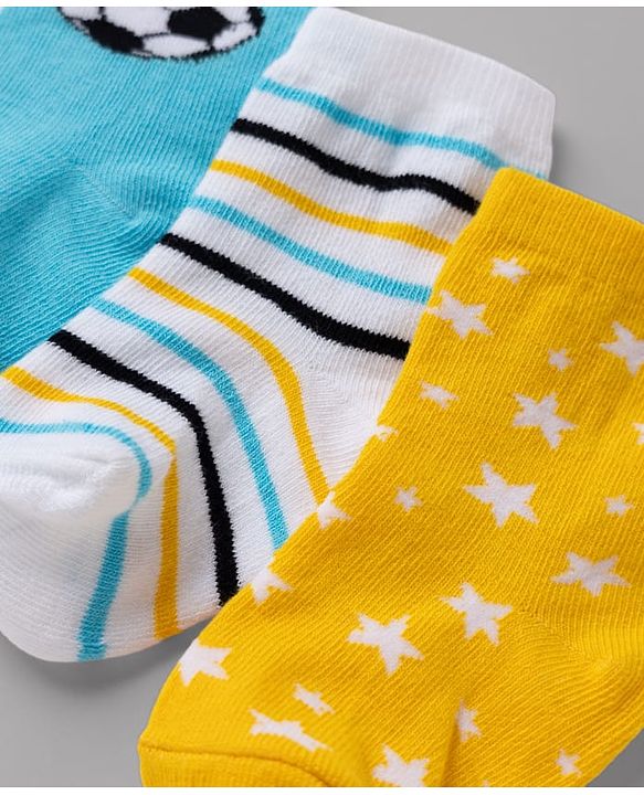 Cute Walk By Babyhug Non Terry Knit Anti Bacterial Ankle Length Striped Socks With Football & Star Design Pack of 3 - Yellow, White & Sky Blue