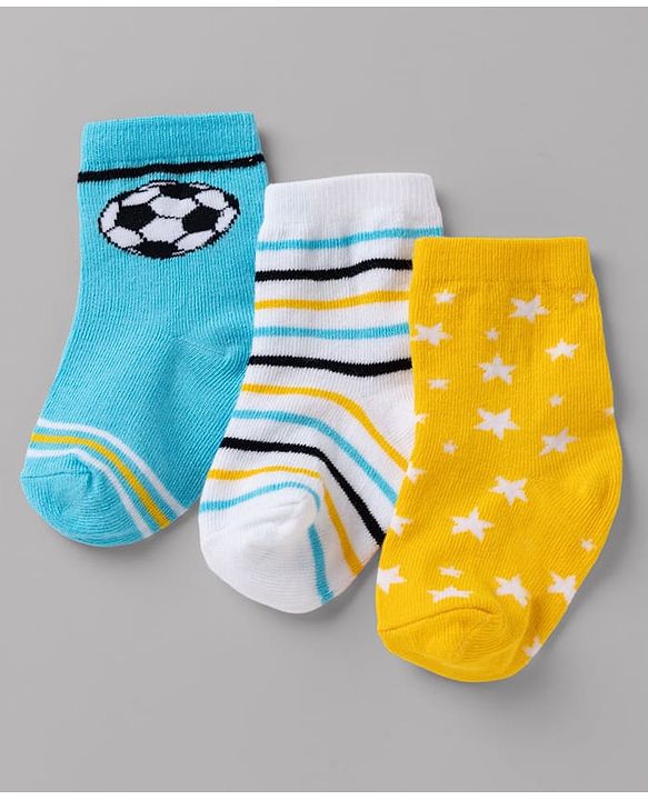 Cute Walk By Babyhug Non Terry Knit Anti Bacterial Ankle Length Striped Socks With Football & Star Design Pack of 3 - Yellow, White & Sky Blue