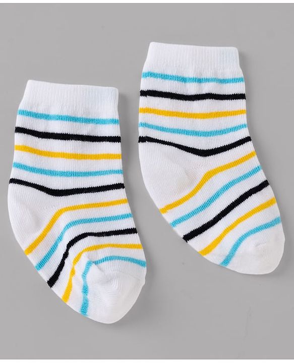 Cute Walk By Babyhug Non Terry Knit Anti Bacterial Ankle Length Striped Socks With Football & Star Design Pack of 3 - Yellow, White & Sky Blue