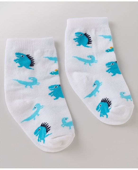 Cute Walk By Babyhug Non Terry Knit Anti Bacterial Ankle Length Striped Socks With Dinosaur Design Pack of 3 -  White, Blue & Yellow