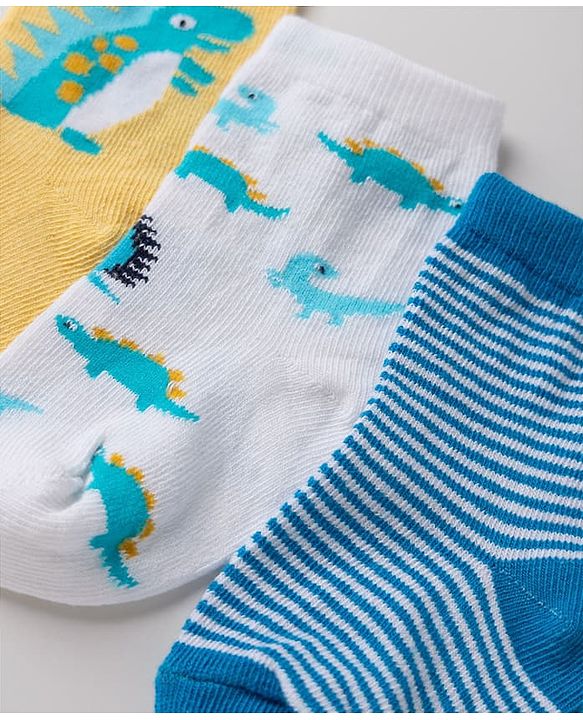 Cute Walk By Babyhug Non Terry Knit Anti Bacterial Ankle Length Striped Socks With Dinosaur Design Pack of 3 -  White, Blue & Yellow