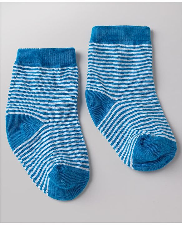 Cute Walk By Babyhug Non Terry Knit Anti Bacterial Ankle Length Striped Socks With Dinosaur Design Pack of 3 -  White, Blue & Yellow