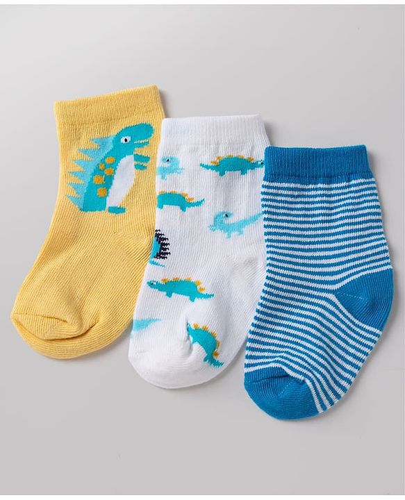 Cute Walk By Babyhug Non Terry Knit Anti Bacterial Ankle Length Striped Socks With Dinosaur Design Pack of 3 -  White, Blue & Yellow