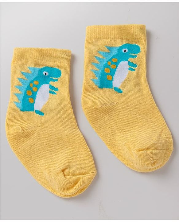 Cute Walk By Babyhug Non Terry Knit Anti Bacterial Ankle Length Striped Socks With Dinosaur Design Pack of 3 -  White, Blue & Yellow