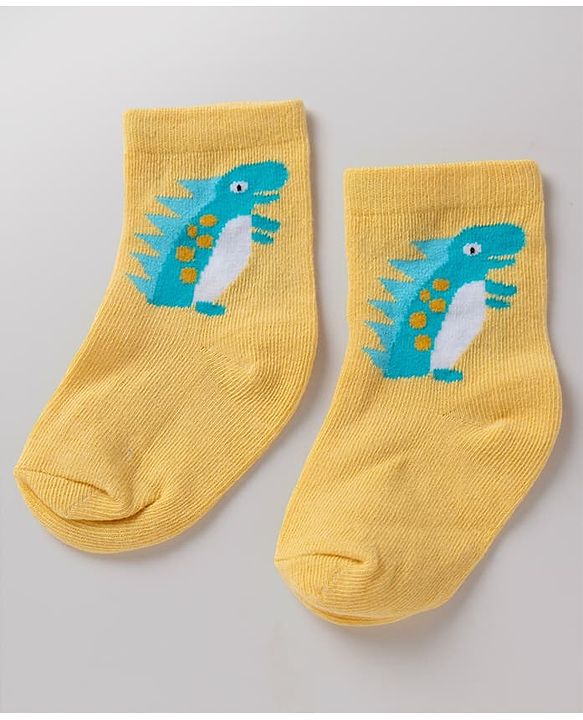 Cute Walk By Babyhug Non Terry Knit Anti Bacterial Ankle Length Striped Socks With Dinosaur Design Pack of 3 -  White, Blue & Yellow