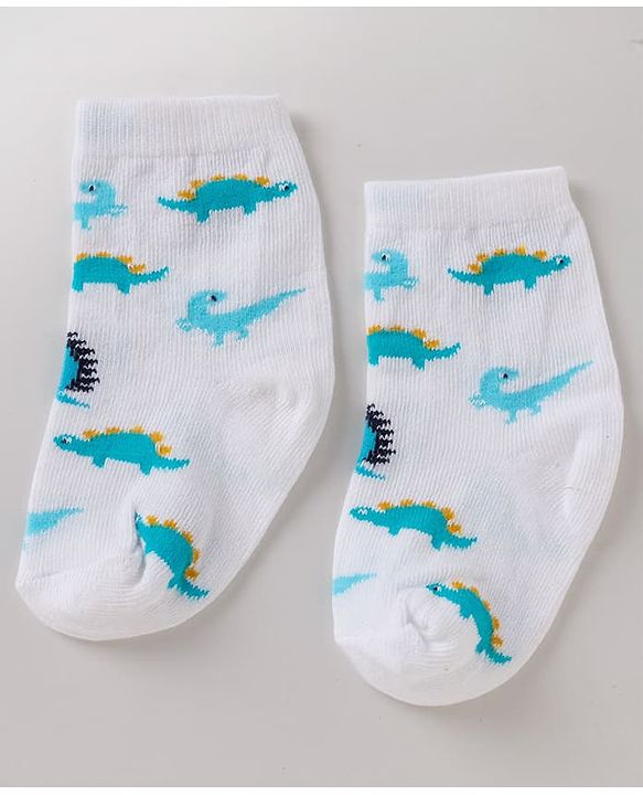 Cute Walk By Babyhug Non Terry Knit Anti Bacterial Ankle Length Striped Socks With Dinosaur Design Pack of 3 -  White, Blue & Yellow
