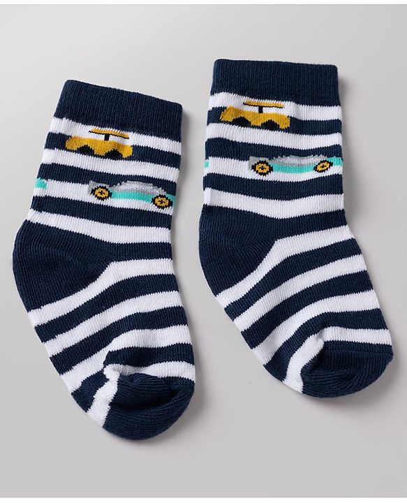 Cute Walk By Babyhug Non Terry Knit Anti Bacterial Ankle Length Striped  Socks With Vehicle & Star Desgin Pack of 3 -  Black, Light Blue & White