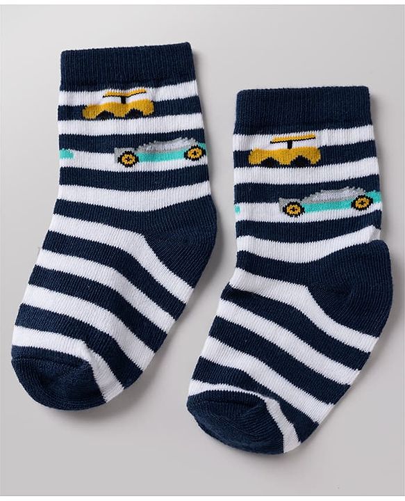 Cute Walk By Babyhug Non Terry Knit Anti Bacterial Ankle Length Striped  Socks With Vehicle & Star Desgin Pack of 3 -  Black, Light Blue & White