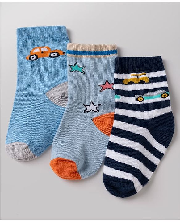 Cute Walk By Babyhug Non Terry Knit Anti Bacterial Ankle Length Striped  Socks With Vehicle & Star Desgin Pack of 3 -  Black, Light Blue & White