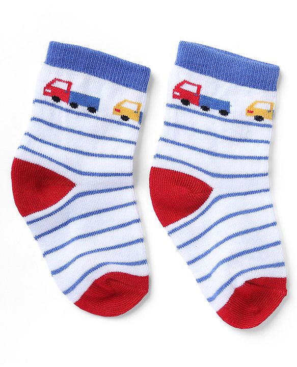 Cute Walk by Babyhug Non Terry Knit Anti-bacterial Ankle Length Striped Socks  With Vehicle Design Pack of 3 - White & Blue
