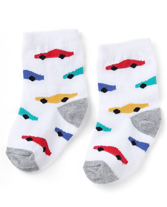 Cute Walk by Babyhug Non Terry Knit Anti-bacterial Ankle Length Striped Socks  With Vehicle Design Pack of 3 - White & Blue