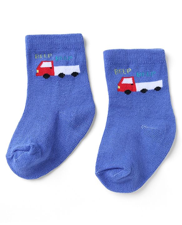 Cute Walk by Babyhug Non Terry Knit Anti-bacterial Ankle Length Striped Socks  With Vehicle Design Pack of 3 - White & Blue