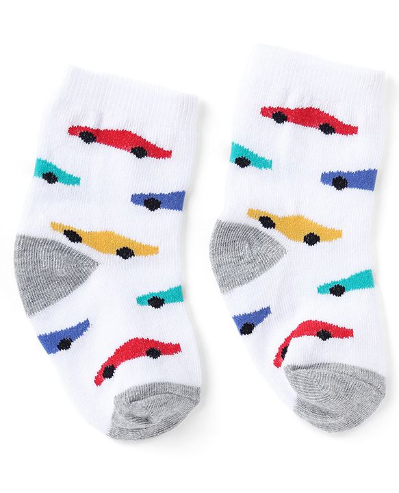 Cute Walk by Babyhug Non Terry Knit Anti-bacterial Ankle Length Striped Socks  With Vehicle Design Pack of 3 - White & Blue